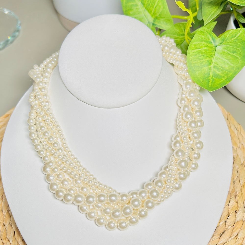 Gorgeous! Vintage Twisted Six Strand Graduated Faux Pearl Necklace; Signed SHB